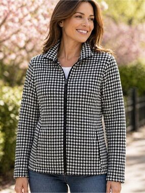 Lands’ End Houndstooth Fleece Jacket Black White Full Zip Women’s L Petite Cozy